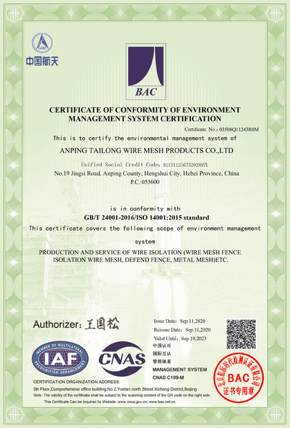 China Anping Tailong Wire Mesh Products Co., Ltd. certification